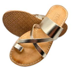 Gold Flat Crossed Toe Leather Sandal